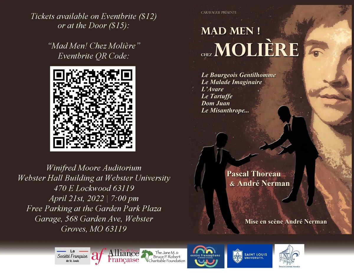 You are invited  for an evening of French theater with a live production of the play “Mad Men! Chez Molière.” 

The play will take place at the Winifred Moore Auditorium at Webster.

Tickets are $12 in advance through Eventbrite or $15 at the door.
buff.ly/3LKnTXM