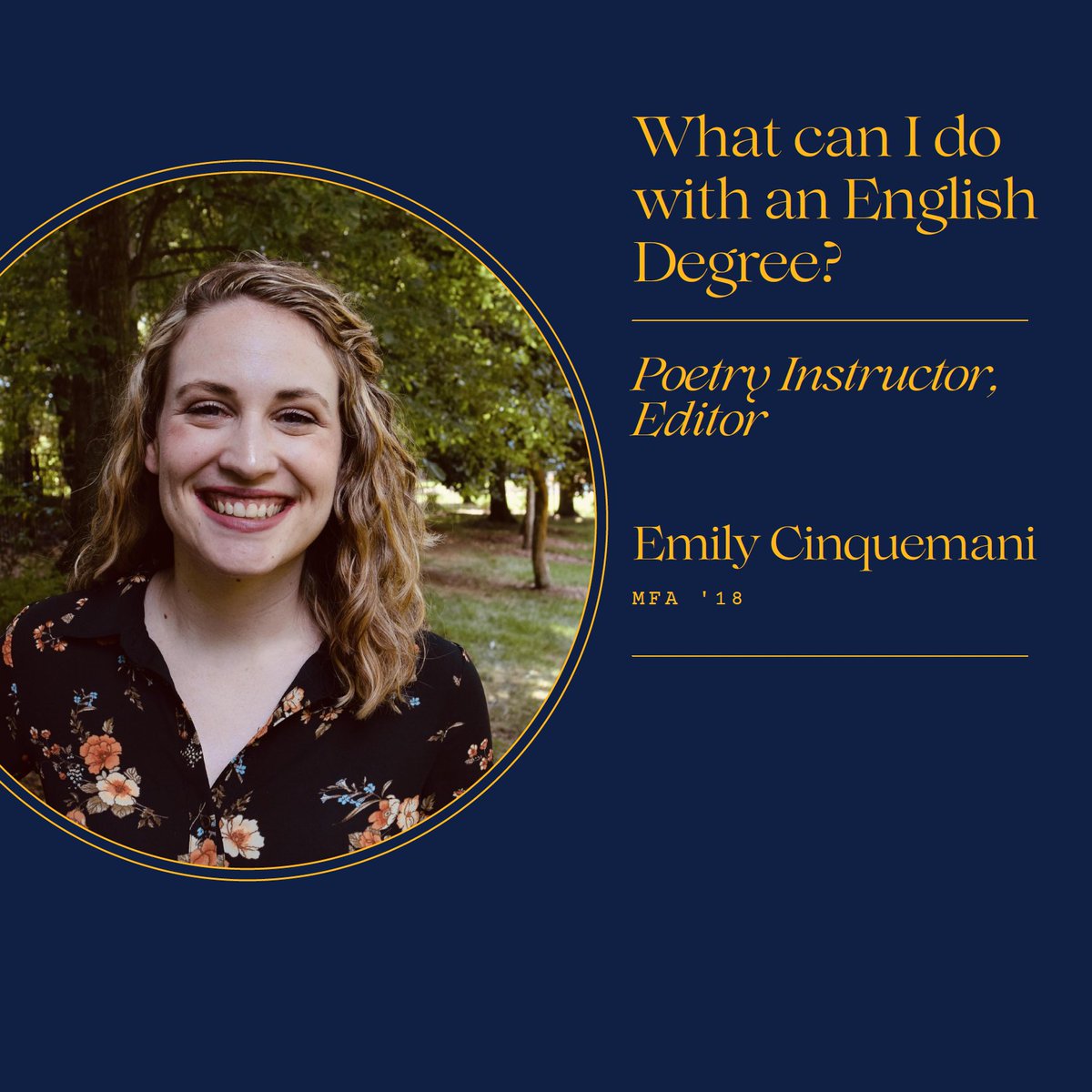 UNCG_ENG's tweet photo. What can you do with an English degree? Emily Cinquemani (MFA '18) is a Poetry Instructor and Editor! #UNCGEnglish https://t.co/9jo9hhPgTa