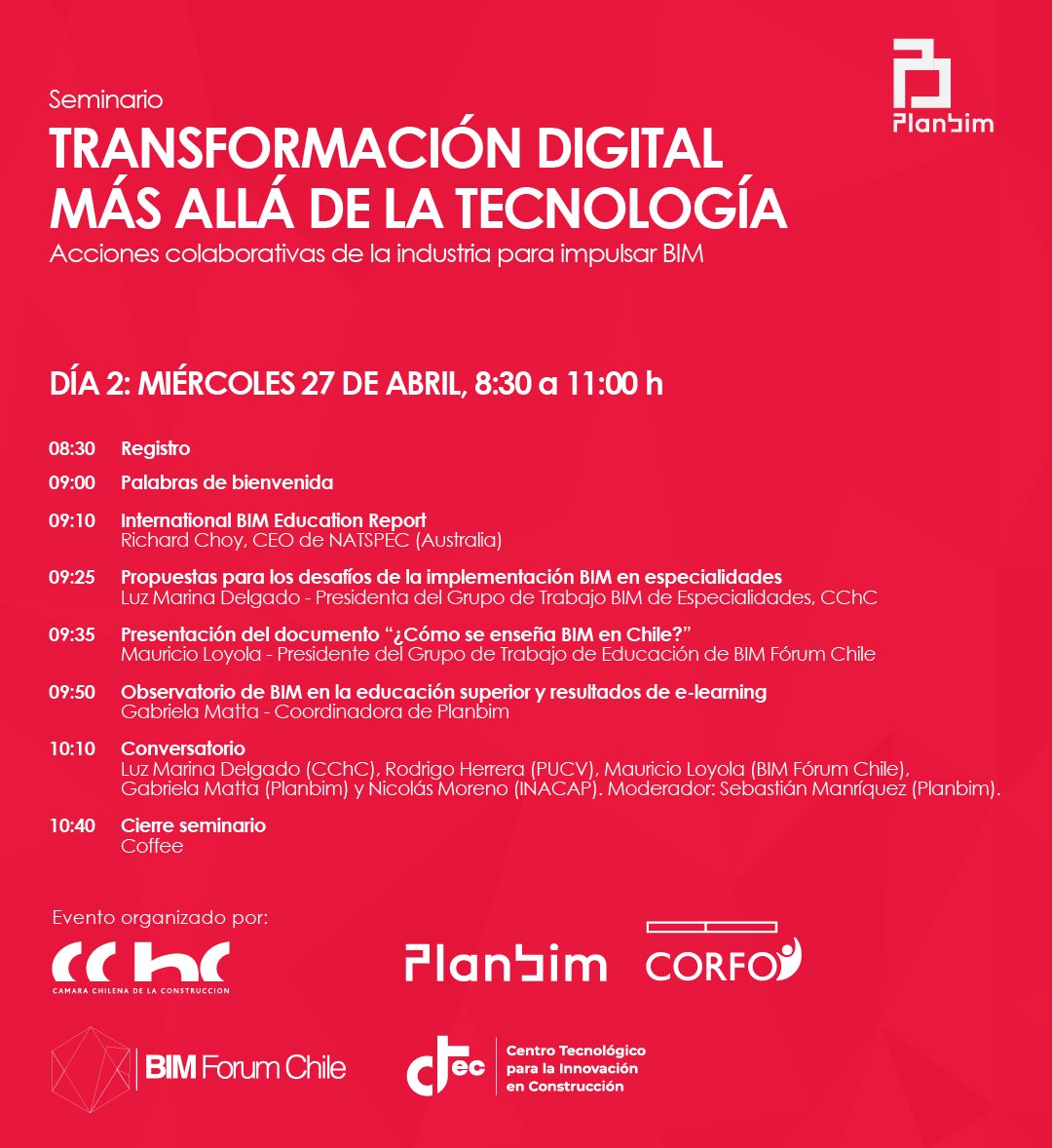 Plan_BIM's tweet photo. Acompáñanos!
Solicita cupo presencial para Transformación digital + allá de la tecnología
@BIMForumChile @CamaraCChC + @CTecInnovacion
Solicita tu cupo > https://t.co/rr9wT9gwvU
Dudas? 📨
@Corfo @Construye2025
#MatrixConsulting #MINVU #CAPJ #Minsal #MOP #NATSPEC https://t.co/ZpEuPATbji