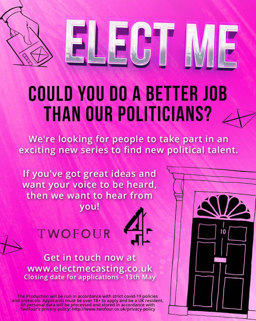 joeytvcasting's tweet photo. ELECT ME is a brand new #channel4 series where 12 members of the public who think they’d do a better job than our politicians are being given a unique chance to prove it!

Apply here:
https://t.co/V9Ji0NoFqs

#ukpolitics #politicsuk #downingstreet #politicaldebate #uktvcasting https://t.co/r0cZaG5f2h