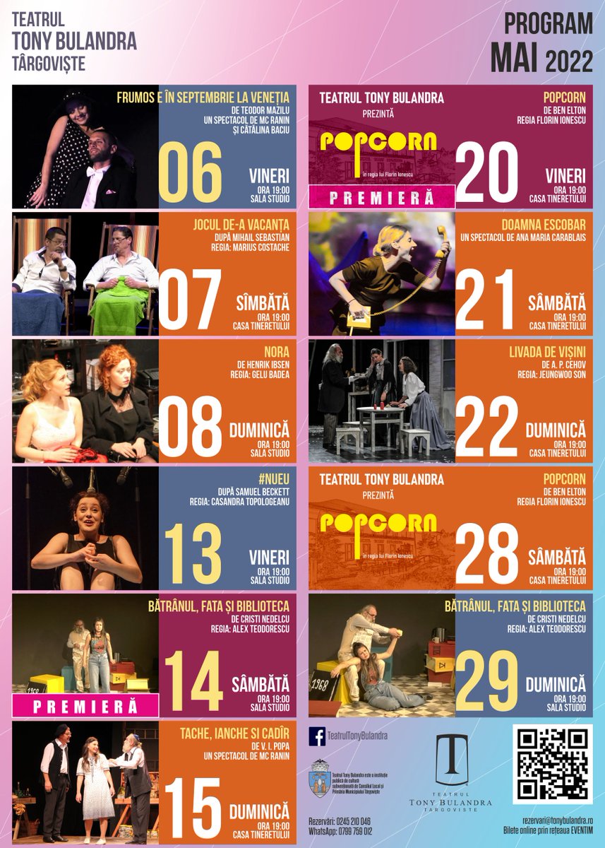 Tony_Bulandra's tweet photo. 📌Oferta spectacolelor Teatrului Tony Bulandra pentru luna mai📌

☛ Bilete online: https://t.co/TmnM5FLwgV
_________________________________________________
🔓 Program de lucru:
Ma–V: 09.3o-17.3o
S–D: 09.3o-19.3o

#Teatru #TonyBulandra #Targoviste #Program #Spectacole #Mai2022 https://t.co/gtd50PiYrP