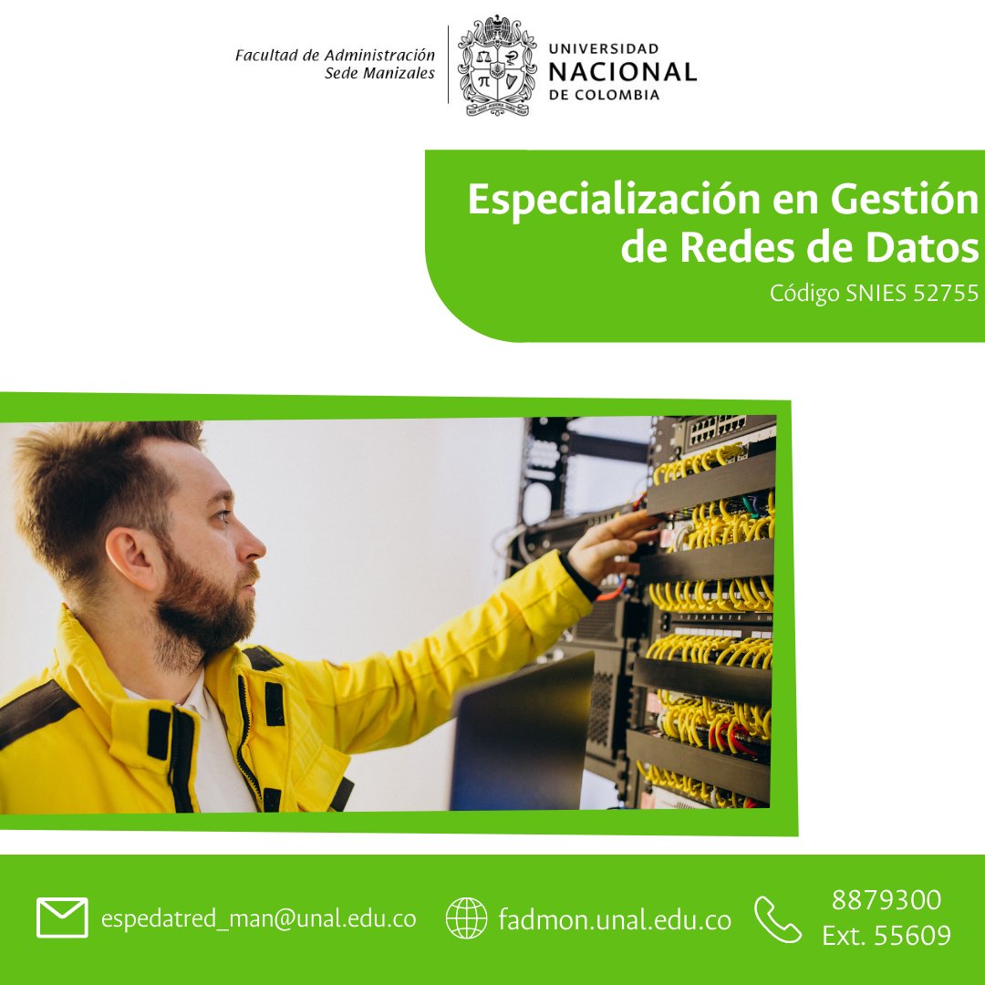 fadmonUN's tweet photo. Al cursar la Especialización, lograrás:
- Profundizar y desarrollar competencias que permitan diseñar, implantar y administrar redes, apoyándose en las tecnologías de punta
- Diseñar e implementar software de red atendiendo a condiciones de funcionalidad y seguridad
Entre otros. https://t.co/OSkMdBBmsB