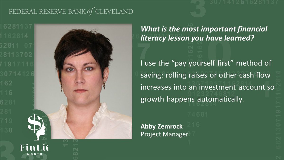 ClevelandFed's tweet photo. Since it’s #FinancialLiteracyMonth we asked some employees how they learned to be financially literate & their tips. Hear from them and then check out our #StudentProgramming for more resources: https://t.co/hHVa4ciIVe https://t.co/MxKI0utdP5