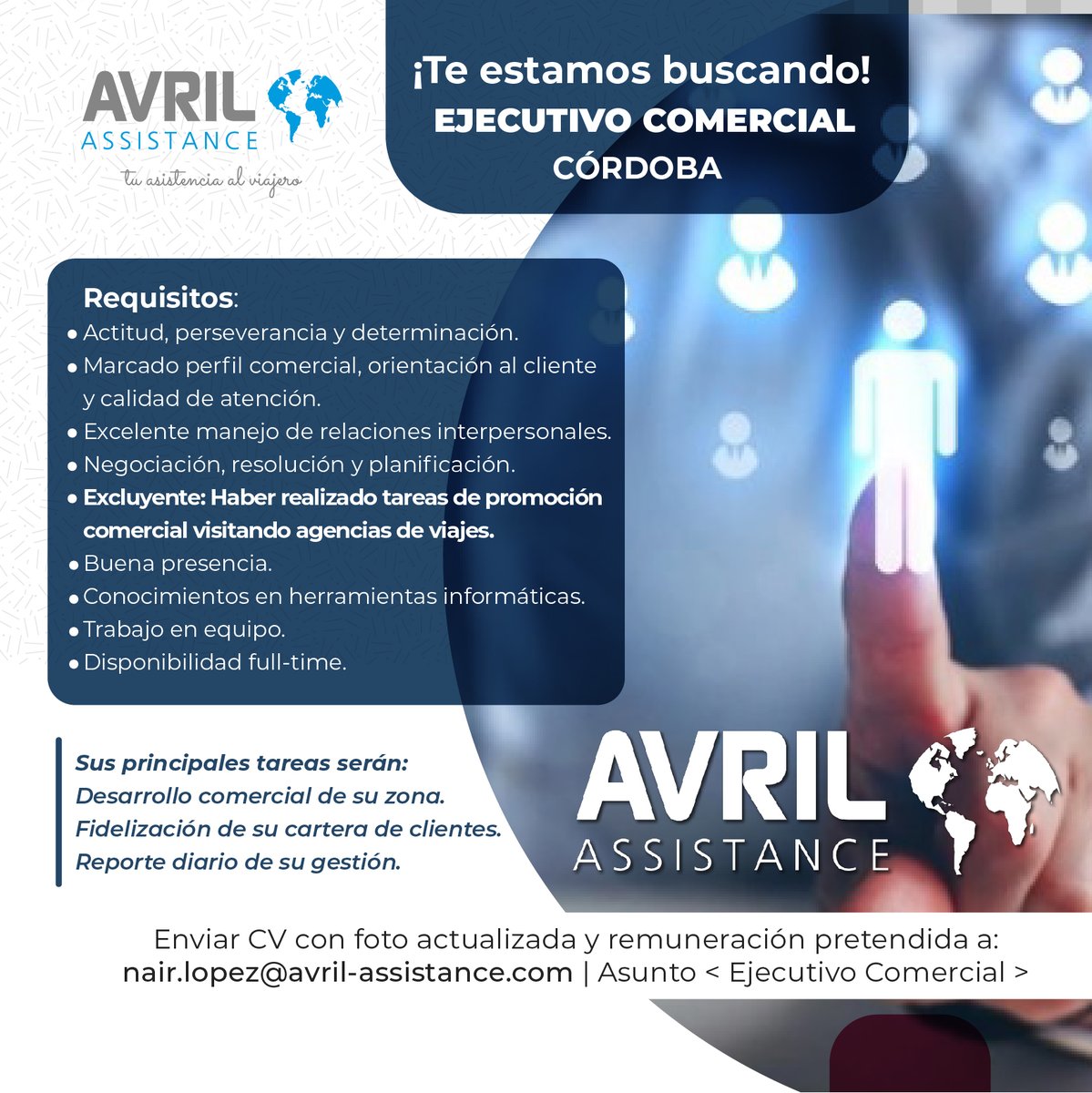AssistanceAvril's tweet image. 🔍 TE ESTAMOS BUSCANDO-Sumate a nuestro equipo 🕵️‍♂️

Estamos en proceso de selección de personal. Si completas los requisitos envíanos tu CV actualizado a nuestra casilla de email.

#cordoba #work #work2022 @turismocba @DestinoCordoba @CordobaTrabaj @clasificadocordoba