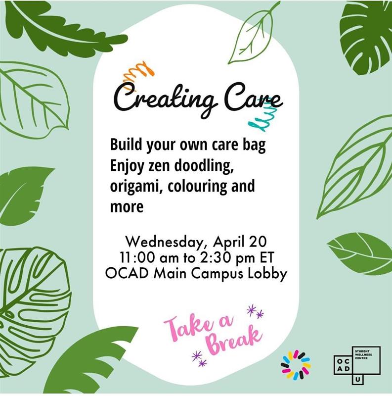 Swing by the Main Lobby today at 100 McCaul for a space of care and rest between 11am and 2:30pm. Led by Brenda from the Office of International Student Support and and Cindy the International Student Community Worker at SWC. All students welcome.