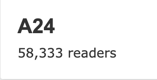 EverySubreddit's tweet photo. Every Single Subreddit #3

r/A24

"A film community for the A24 worshipers, the casual fans, and everyone in between"

Subs: 58,333

Top post: I love A24, but he’s not entirely wrong and I’d absolutely watch that movie

#a24 #reddit #everysinglesub https://t.co/OSBiZq6xGL