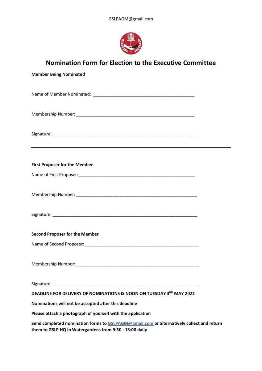GSLP Social (@GslpSocial) on Twitter photo 2022-04-20 19:49:52 NOMINATION FORM FOR ELECTION TO THE EXECUTIVE COMMITTEE OF THE GSLP In preparation for the GSLP’s AGM which will be on 17 May 2022, please see the below nomination form for anyone interested in being elected to the GSLP’s Executive Committee. #ExecutiveElections NOMINATION FORM FOR ELECTION TO THE EXECUTIVE COMMITTEE OF THE GSLP In preparation for the GSLP’s AGM which will be on 17 May 2022, please see the below nomination form for anyone interested in being elected to the GSLP’s Executive Committee. #ExecutiveElections