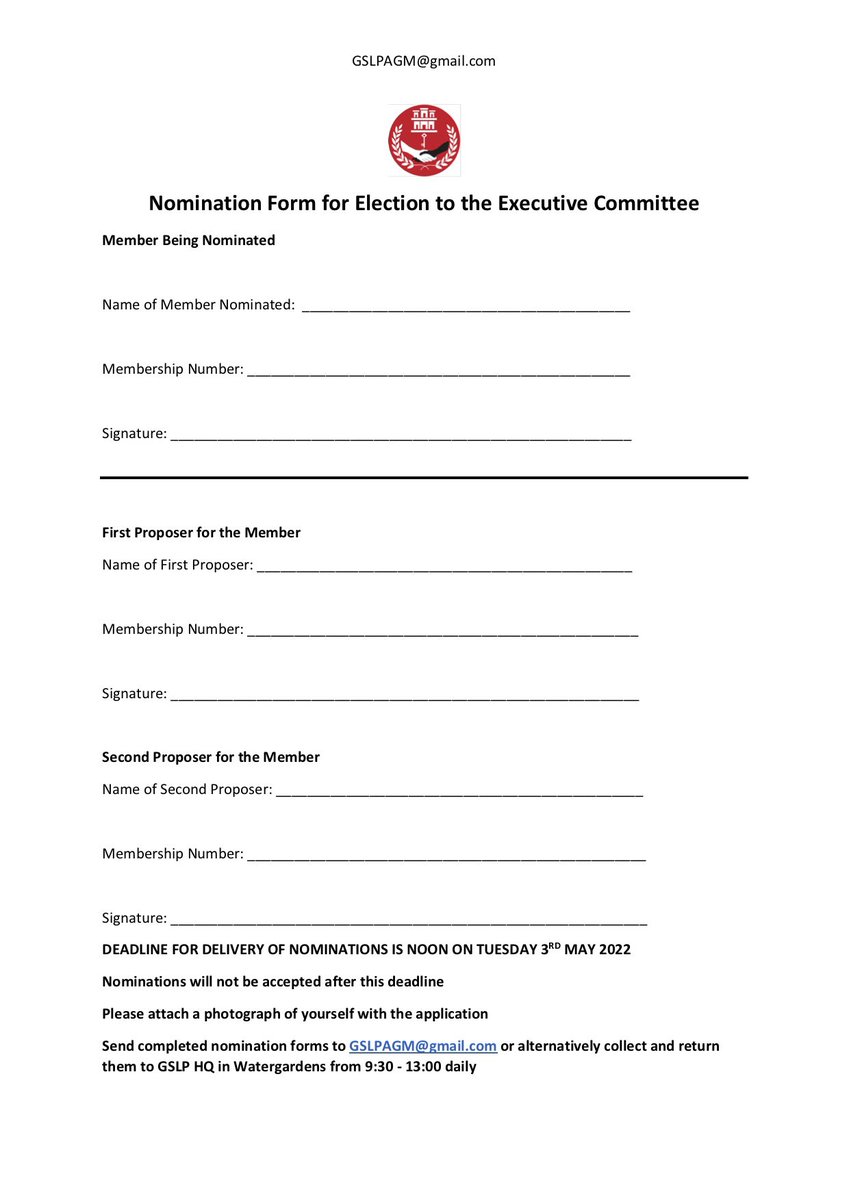 NOMINATION FORM FOR ELECTION TO THE EXECUTIVE COMMITTEE OF THE GSLP In preparation for the GSLP’s AGM which will be on 17 May 2022, please see the below nomination form for anyone interested in being elected to the GSLP’s Executive Committee. #ExecutiveElections