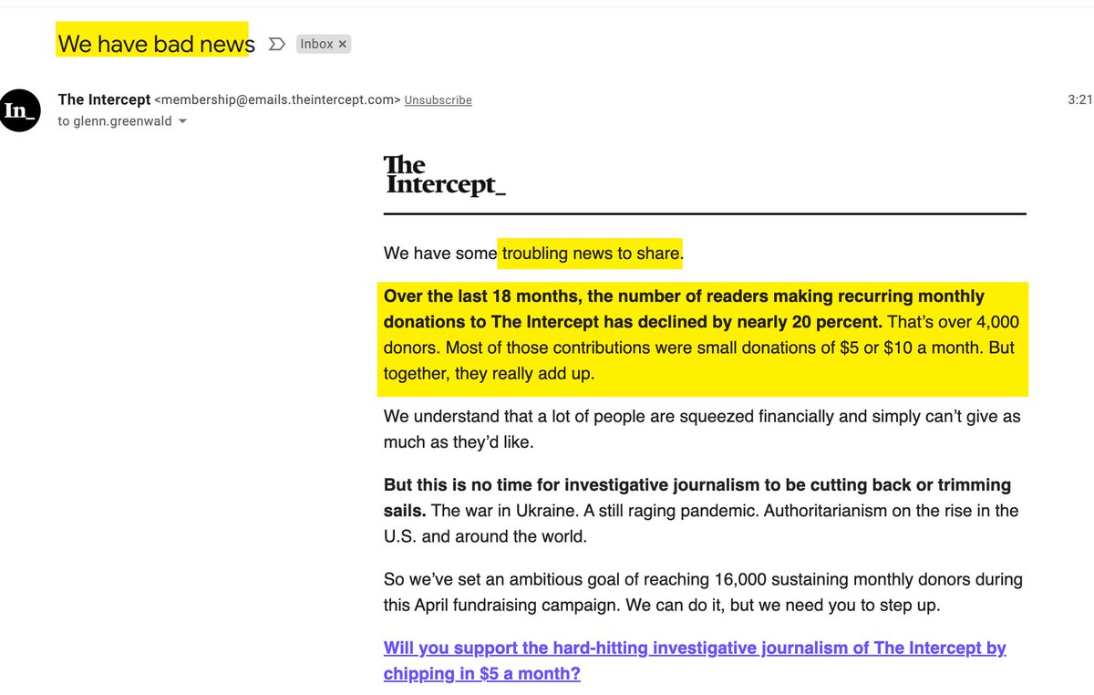 Glenn Greenwald (@ggreenwald) on Twitter photo Huh. So The intercept announced today that, as of 18 months ago, they began to experience a significant and precipitous drop in people willing to be paying members and to donate. Did anything happen exactly 18 months ago over there that might have caused this sad decline?😢 Huh. So The intercept announced today that, as of 18 months ago, they began to experience a significant and precipitous drop in people willing to be paying members and to donate. Did anything happen exactly 18 months ago over there that might have caused this sad decline?😢