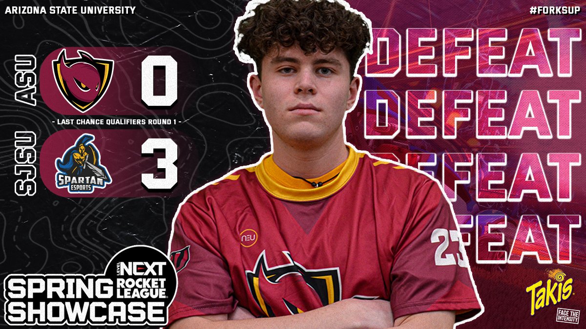 SunDevilsGaming's tweet photo. ❌DEFEAT❌ 

Yesterday ASU Gold lost 0-3 to @SJSU_Esports 
 in the first round of the Last Chance Qualifier in the  
@LevelNextGG Spring Tournament.

🎨: @Levitahan

#LevelNextRLTakis #ForksUp #ASURL #ASUEsports https://t.co/OXulVoycfi