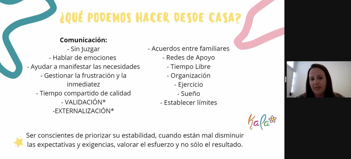 Csdomingo's tweet photo. Gestión emocional, detección de síntomas, comunicación en familia, colaboración con profesionales… claves para cuidar la salud mental de nuestros niños. ¡Gracias Miriam Gzlez y Centro Kala por esta formación #FamilyLearning! #TripodeLearning #SemanaDeLaFamilia #MomentumEnFamilia https://t.co/oGkDgGXeNN