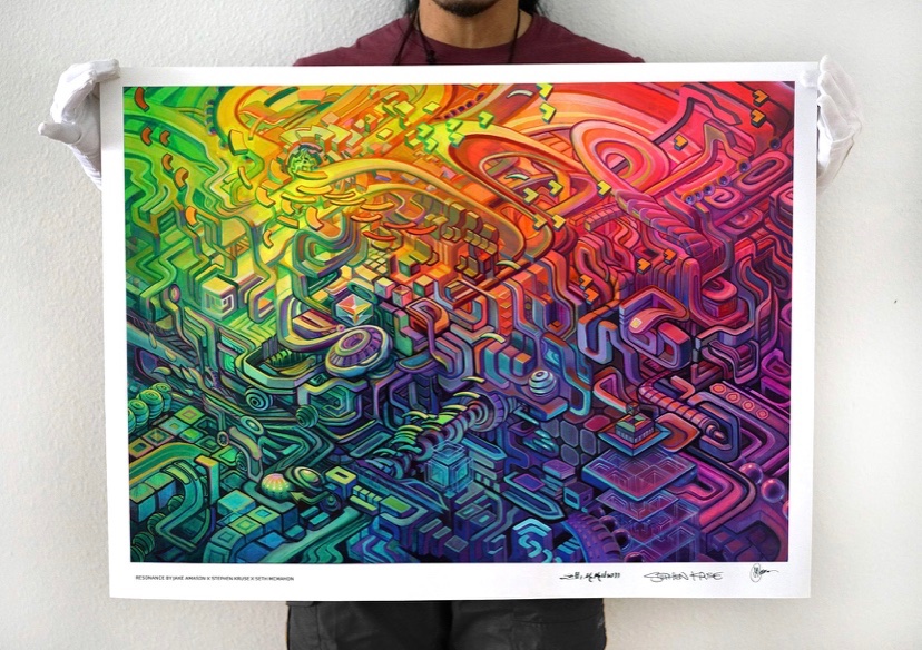 SethMcMahon11's tweet photo. Happy 420 ya’ll!! Idk if any of ya like prints, but @threyda is doing a 24hr print release of this collab I did with the Apex homies. This piece is called resonance and you can attain here: https://t.co/PWrSLfkFXN https://t.co/fLybkjJKPF
