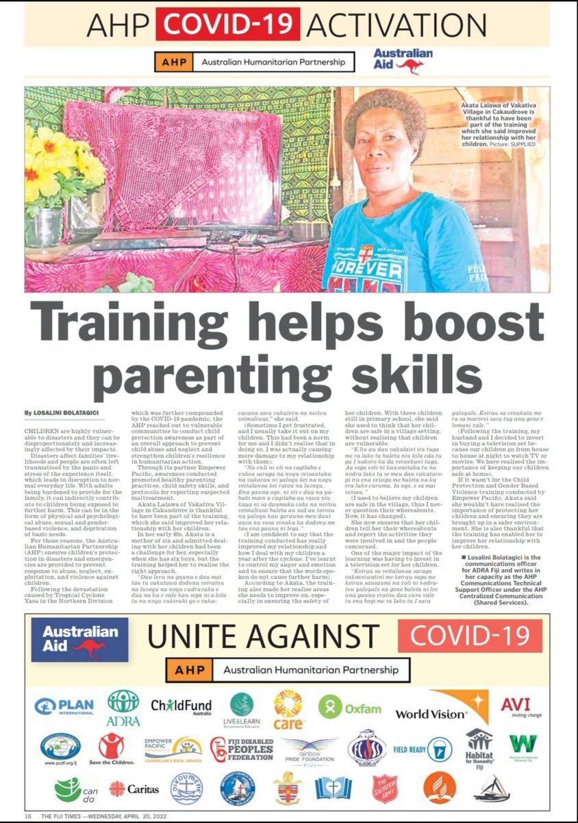 AustralianFiji's tweet photo. In yesterday's @fijitimes, read Akata's story on how @AusHPship through @EmpowerPacific has improved her parenting skills thanks to the Child Protection&amp;Gender Based Violence trainings carried out in TC Yasa affected communities in the North. Read more⬇️
https://t.co/rTPEvN9xN9 https://t.co/7KiVMNB8IX