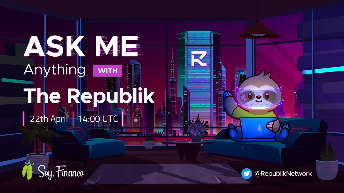 Announcing our AMA with #TheRepublik 🔥

⏰22nd April 2022, 14:00 UTC

🚀$150 in $SOY tokens will be awarded during the #AMA!

➡️Join us on Telegram: t.me/Soy_Finance

🎁Bonus #Giveaway - $100 | 10 Winners
✅Follow @Soy_Finance &amp; @RepublikNetwork
✅Like, RT &amp; Tag 3 Friends