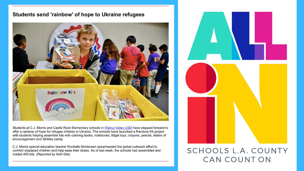 WVUSD_Tweet's tweet image. We’re ALL IN! @CJM_Matadors and @CastleRockIB “Students send ‘rainbow’ of hope to Ukraine refugees” is featured in this week’s @LosAngelesCOE eNews report: conta.cc/3rysNzg. Read the story at: bit.ly/3und7AK. #WVUSDProud #TogetherAgain #ReconnectRestoreReimagine