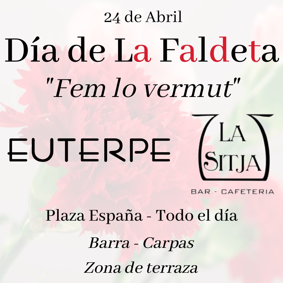 BarEuterpe's tweet photo. 24 de Abril, Día de #LaFaldeta La Sitja y Euterpe estaremos todo el día en la 📍 Plaza España. Con #Carpas, #Barra, y ámplia Zona de #Terraza. 

Refrescos, Cerveza, Aguas, Aperitivos, Vermut y Combinados, para disfrutar de este día tan especial en el lugar de siempre. 🍻🍷🍺🍸🍹 https://t.co/frl5OblF85