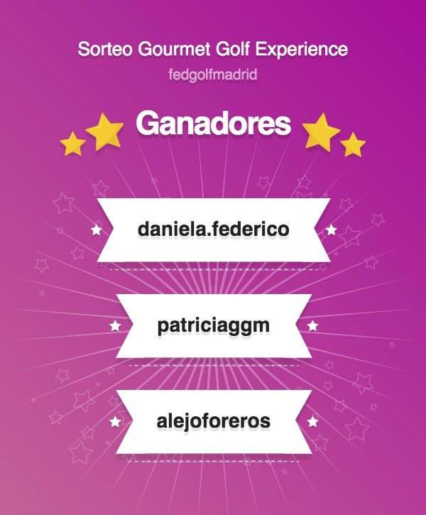 Fedgolfmadrid's tweet photo. 🤩Enhorabuena a los tres ganadores del sorteo de experiencias en Gourmet Golf Experience.
👉Poneros en contacto por privado con nosotros para el premio.
🚩Haremos más #SorteosFGM pronto. https://t.co/tkpWafRyuZ