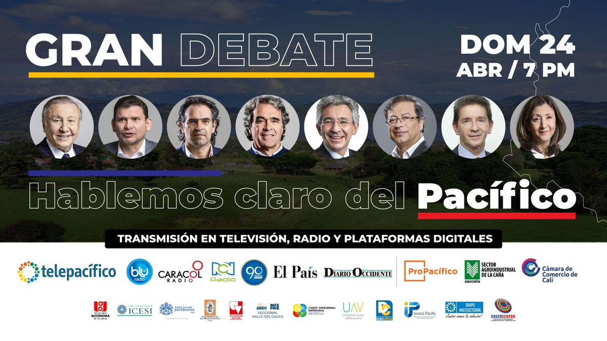 cip_icesi's tweet photo. GRAN DEBATE PRESIDENCIAL: Hablemos claro del PACIFICO

La @icesi, gremios, universidades y medios de comunicación invita a este evento de pedagogía política.

Domingo 24 de Abril - 7 pm

Transmisión en televisión, radio, o por las cuentas oficiales de facebook y YouTube de @icesi https://t.co/D3IKeUpZOg
