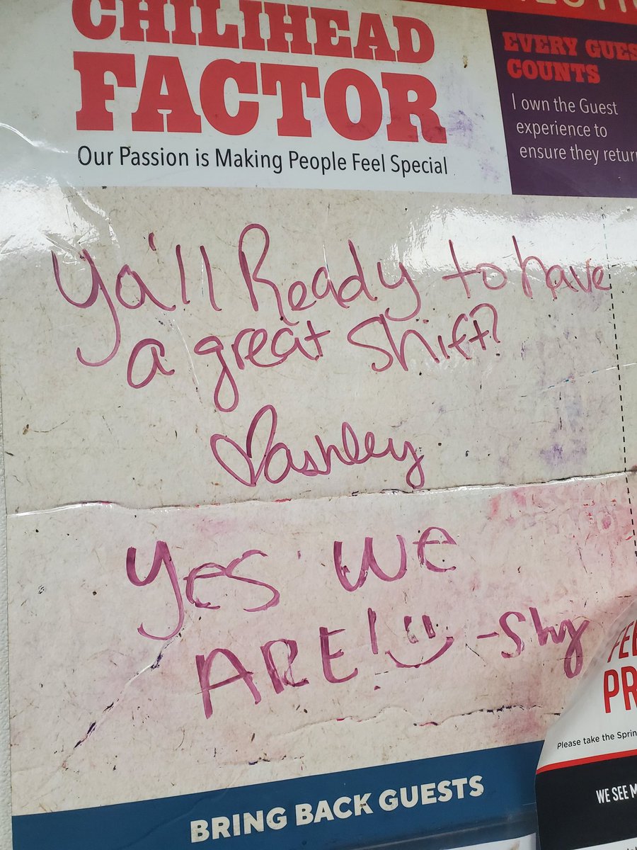 AshleyC67288232's tweet photo. Love my team and energy here @ Zachary chili's. Wrote a note before leaving for vacation, and was very pleased to see, someone actually replied. The day is what we make, so we shall make it GREAT!! https://t.co/u9OAqGRezt