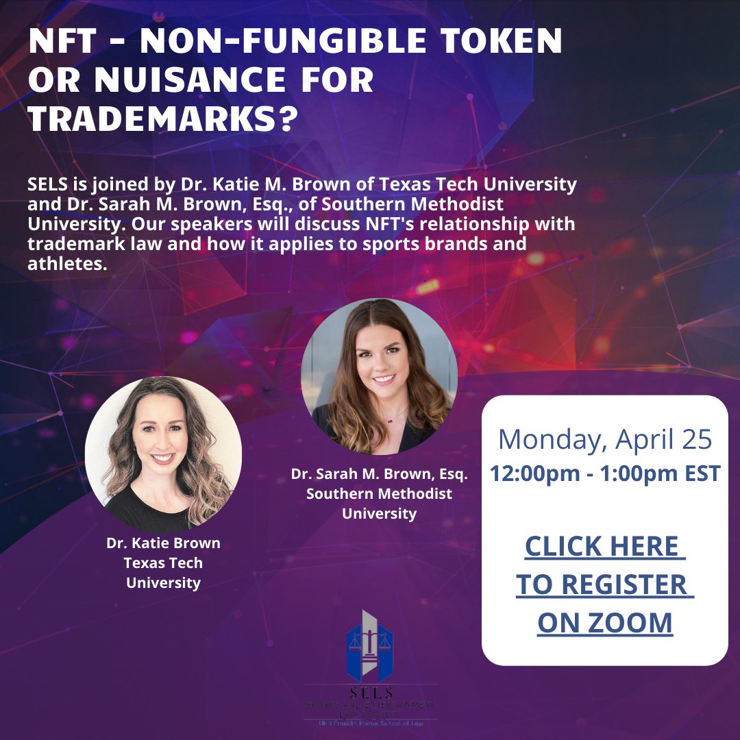 We are hosting Dr. Katie Brown &amp; Dr. Sarah M. Brown, Esq. on Monday, April 25, from 12-1 PM EST on Zoom. They will be discussing #NFTs relationship with #trademark law &amp; how it all applies to sports brands &amp; athletes. Event is open to all.

Register here: unh.zoom.us/meeting/regist…