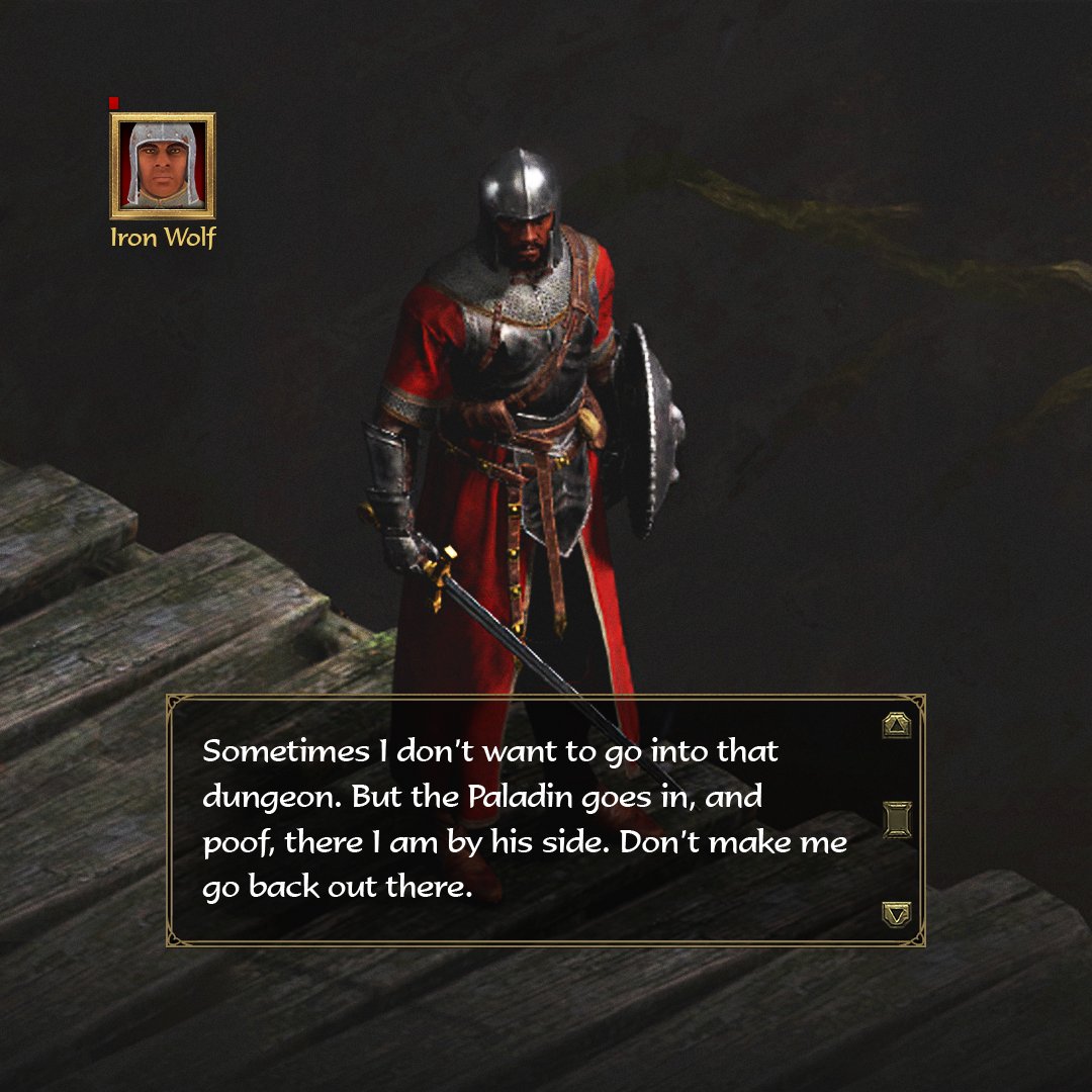 Image shows an Iron Wolf mercenary in armor with a sword and shield at the ready standing on a dock beside a body of water.

A text box on the lower section of the image reads the following: "Sometimes I don't want to go into that dungeon. But the Paladin goes in, and poof, there I am by his side. Don't make me go back out there."