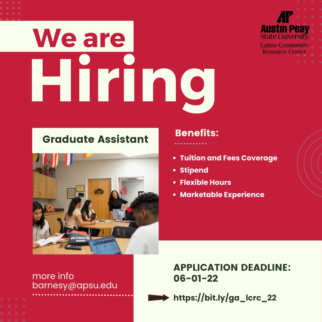 We are looking for a dynamic, collaborative, and autonomous graduate student with a passion for helping others! Benefits ⬇️
✔️ Tuition and fees coverage
✔️Stipend
✔️Flexible hours
✔️Marketable experience 
Apply today ↪️ bit.ly/ga_lcrc_22