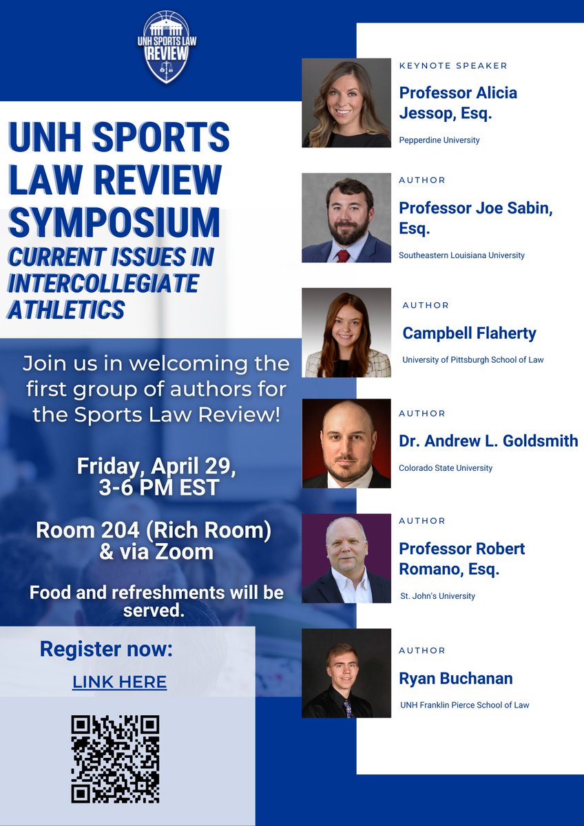 We are 9 days away from our Sports Law Review Symposium! This event is open to the public both in person &amp; online. 

Our authors &amp; keynote speaker will discuss the current issues within college athletics. Food and beverage will be served!
 
Register today: unh.zoom.us/webinar/regist…