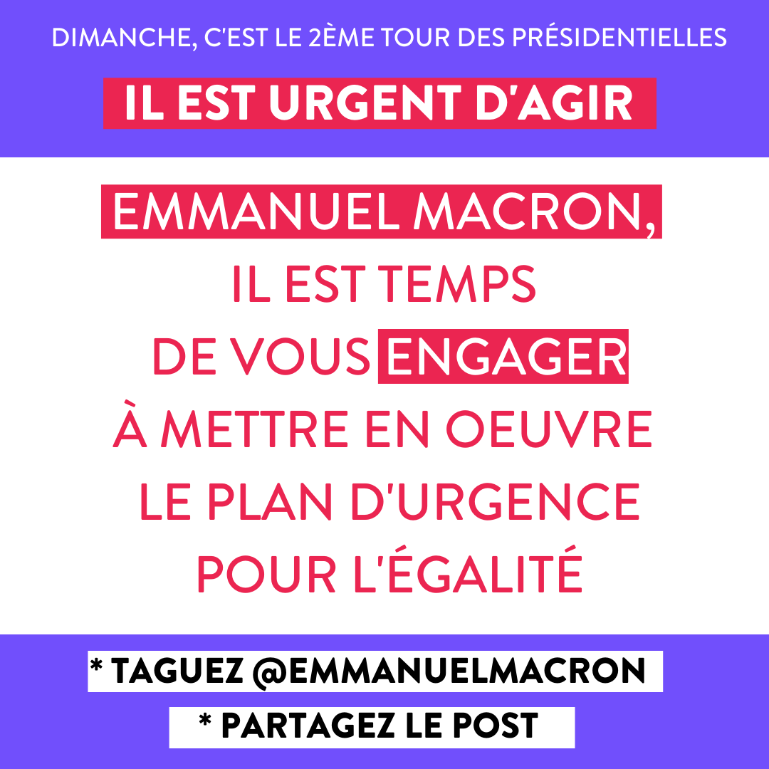 Fondationfemmes's tweet photo. 🚨 Dimanche, c'est le 2ème tour des #presidentielles2022, il est urgent d'agir ! 
@EmmanuelMacron, il est temps de vous engager pour les droits des femmes. Il reste quelques jours pour agir. Pour l'interpeller, taguez @EmmanuelMacron en réponse et RT ce tweet !
#ecouteznousbien https://t.co/1w98RBYAgP