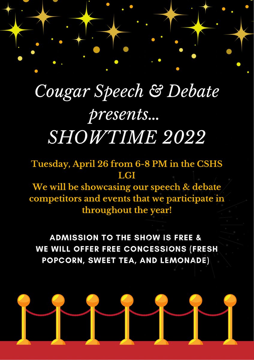 cougar_debate's tweet photo. The CSHS Cougar Speech &amp; Debate team is having our FIRST EVER SHOWCASE event next Tuesday! Admission is free, so come on out &amp; support our team &amp; program!

Hear performances from our top speakers and have a fun, entertaining night! @CSHighSchool 

#SHOWTIME2022 https://t.co/ifNFqD59MV
