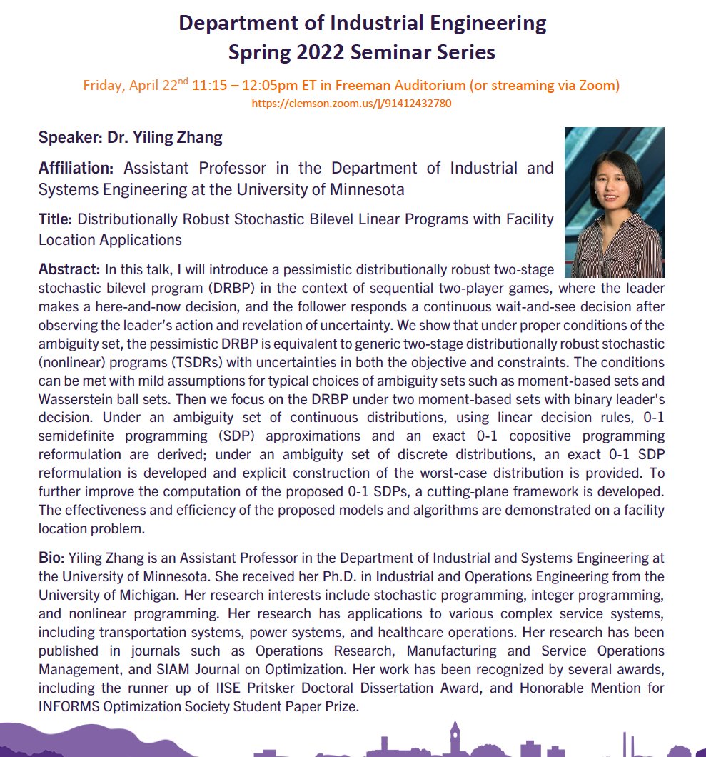 luo_or's tweet image. @YiLinGZh is visiting Clemson IE @ClemsonIE  this Friday! If you are interested in facility locations, here is the zoom link clemson.zoom.us/j/91412432780?…