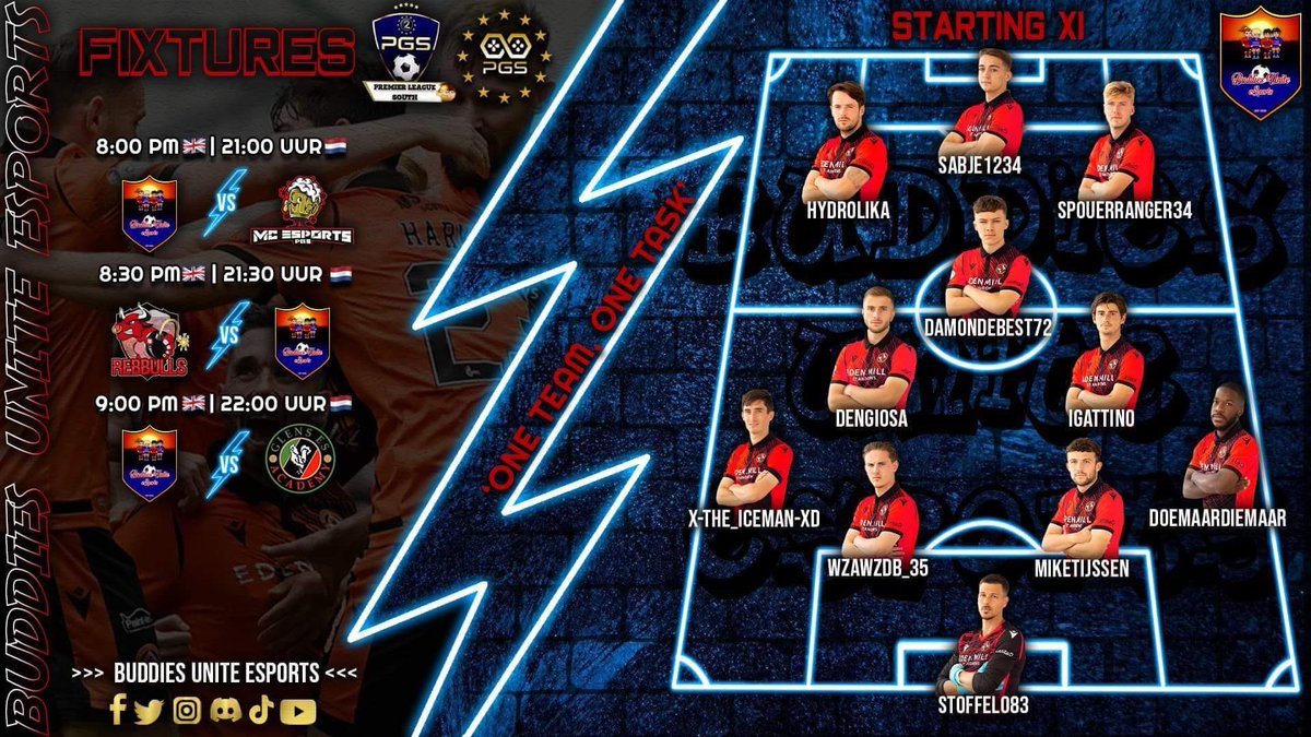 Buddies XI (@buddiesxi) on Twitter photo 🔷️| Buddies Unite eSports |🔶️
🚨| Matchday
🏆| PGS Europe PremierLeague South🇪🇺
🎮| Line-Up & Fixtures |🎽👇
📽| Live on Youtube: Buddies Unite eSports
⌚| 8.00 PM 🇬🇧 | 21.00 UUR 🇳🇱
C'mon Buddies!💪⚽️
<a href="/_Official_PGS/">PGS Esports</a>
#fifa #proclubs #11vs11
#esports #gaming 🔷️| Buddies Unite eSports |🔶️
🚨| Matchday
🏆| PGS Europe PremierLeague South🇪🇺
🎮| Line-Up & Fixtures |🎽👇
📽| Live on Youtube: Buddies Unite eSports
⌚| 8.00 PM 🇬🇧 | 21.00 UUR 🇳🇱
C'mon Buddies!💪⚽️
<a href="/_Official_PGS/">PGS Esports</a>
#fifa #proclubs #11vs11
#esports #gaming