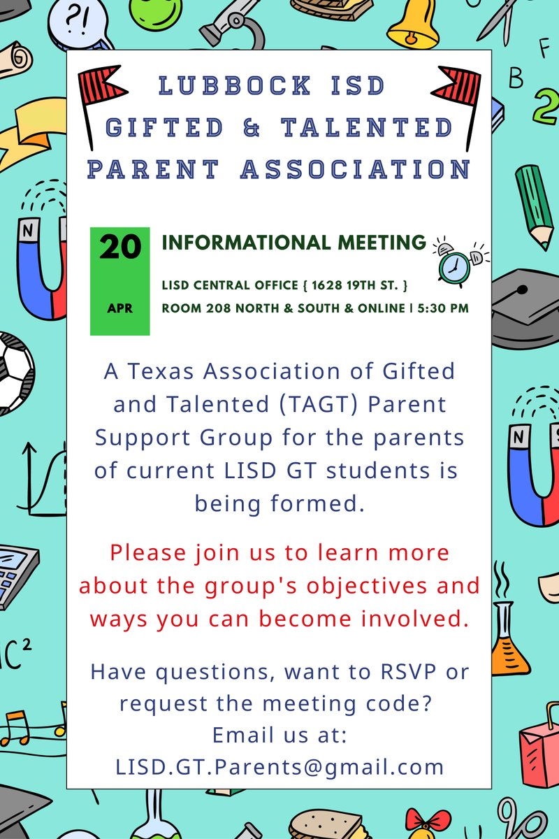 lubbockgt's tweet photo. #lisdgtparents Come check out our *NEW* Lubbock ISD GT Parent Support group! There is an informational meeting tonight! @LubbockISD https://t.co/09lBhDOLkx
