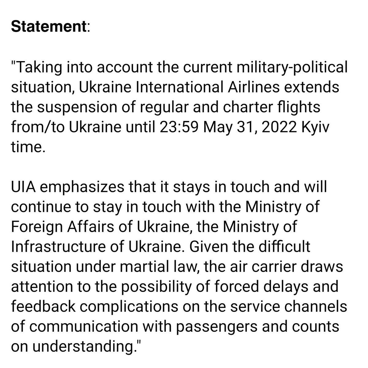 FlightModeblog's tweet photo. #Ukraine International Airlines (#UIA) Continues Suspending Flights Until May 31 Inclusive. 📷 ©UIA
#flyUIA #UkraineRussianWar #Russian #Russia #aviation #avgeek #avgeeks #flights #travel #Putin #Zelensky https://t.co/ptH8vbiozL