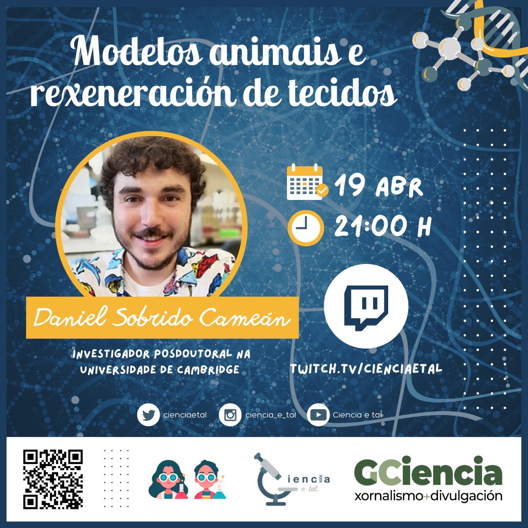 🟠 Tan só falta unha hora para comezar o noso directo de Twitch na canle de <a href="/cienciaetal/">Ciencia e tal</a>! Hoxe falaremos con <a href="/DanielSobrido/">Daniel Sobrido-Cameán</a> sobre o estudo en modelos animais da recuperación da mobilidade tras unha lesión medular. Non volo perdades ⬇️

📎twitch.tv/cienciaetal