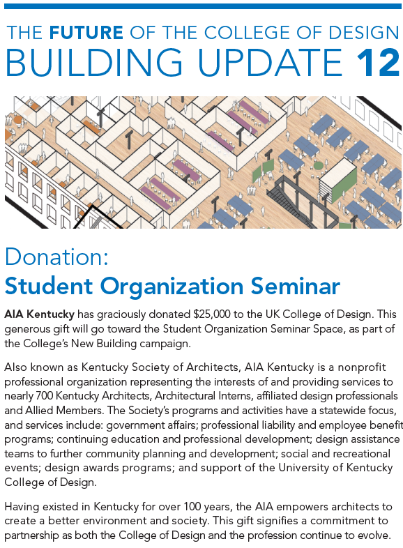 AIA Kentucky (@aiakentucky) on Twitter photo AIA Kentucky is proud to have pledged $25,000 toward the Student Organization Seminar Space, as part of the <a href="/ukcod/">UK College of Design</a> New Building campaign! This gift signifies a commitment to partnership as both the College of Design and the profession continue to evolve. AIA Kentucky is proud to have pledged $25,000 toward the Student Organization Seminar Space, as part of the <a href="/ukcod/">UK College of Design</a> New Building campaign! This gift signifies a commitment to partnership as both the College of Design and the profession continue to evolve.