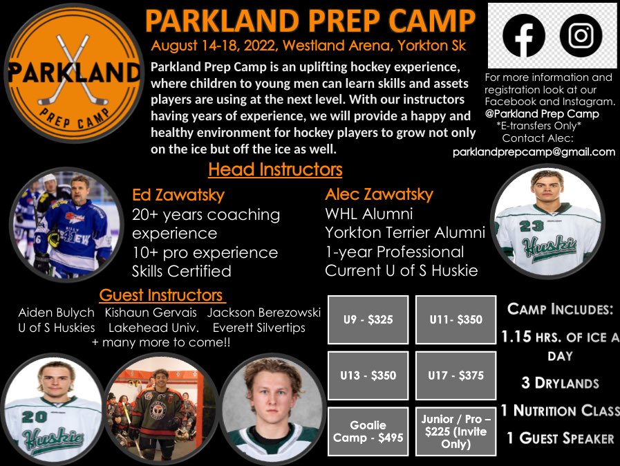 Parkland Prep Camp! We are excited to announce groups and guest instructors. Kishaun Gervais the most recent <a href="/SJHLTerriers/">Yorkton Terriers</a> captain. Jackson Berezowski a 40+ goal scorer <a href="/WHLsilvertips/">xyz - Everett Silvertips</a> and a new comer Aiden Bulych, Aiden spent last season with the <a href="/HuskieAthletics/">Huskie Athletics</a>
