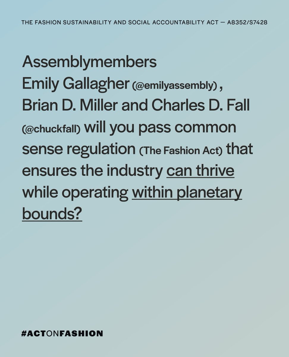 Fashion is one of the least regulated industries globally. It is a major polluter and a leading industry of modern day slavery. We need to stop the race to the bottom and #ActOnFashion. <a href="/Charlesdfall/">Charles D. Fall</a> will you vote yes on the Fashion Act?