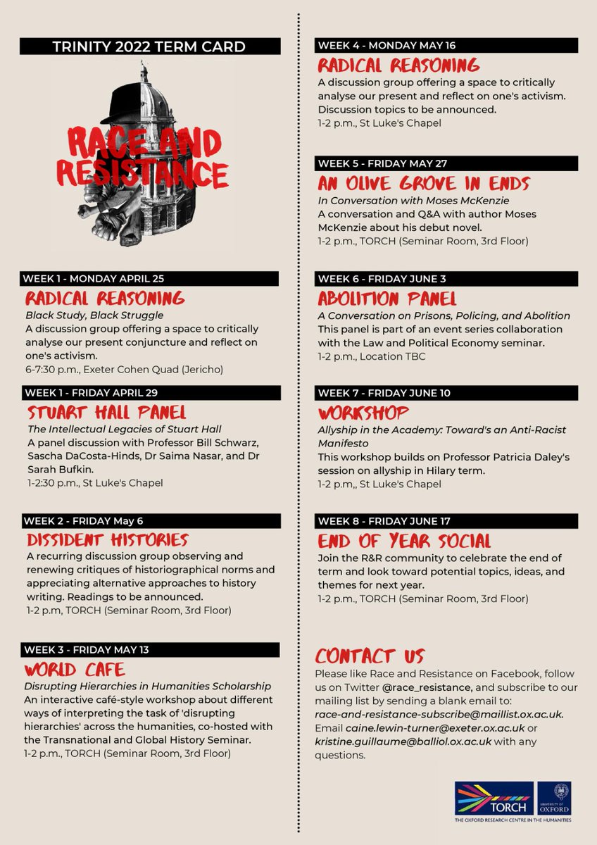 Announcing our term card for Trinity term 2022! Join us for an exciting series of panels, workshops, and discussion groups on anti-racist research and activism <a href="/TORCHOxford/">TORCH Oxford</a>