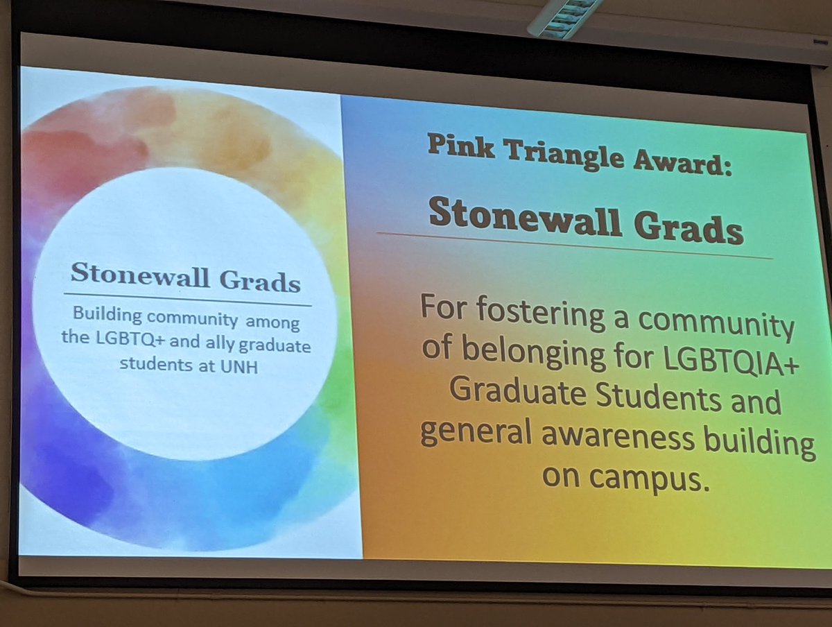 Being inclusive doesn't guarantee we're being welcoming. We need to do more to make our campuses be both. I'm very proud of our Grad student recipients of the Kidder award and of Stonewall Grads for being recognized for their efforts. #thisisunh <a href="/UNH_GradSchool/">UNH Graduate School</a>