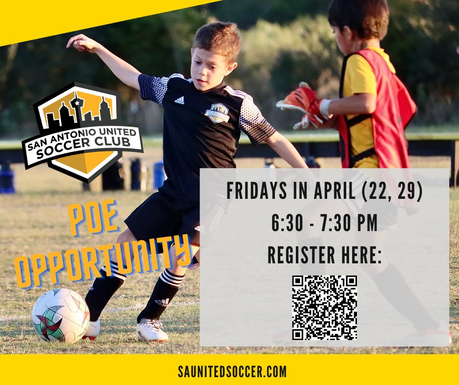 Any players interested in learning more about us? 
Reminder, we have two April POE (Player Opportunity Events) remaining!

Friday April 22nd and 29th
6:30 - 7:30 pm

Register at:
docs.google.com/.../1FAIpQLSdv…

Questions?
Contact Ivan at 210-378-8698 or Martin at 210-426-6710