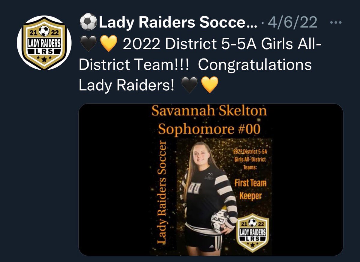 Another congrats to <a href="/SkeltonSavannah/">Savannah Skelton</a> for being named All-District First Team Keeper! #StingProud #TeamProud