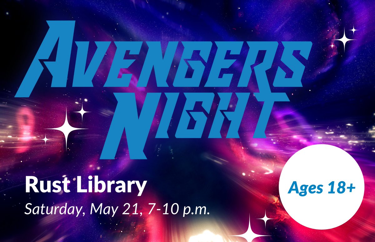 LoudounLibrary's tweet image. Something #Marvel-ous is right around the corner… 💥 Assemble your crew for #AVENGERS NIGHT at #RustLibrary in #Leesburg on May 21!
This free after-hours event features cosplay, a #SuperArtFight battle, live ’80s music and a superheroic Artists Alley. tinyurl.com/3apydub5