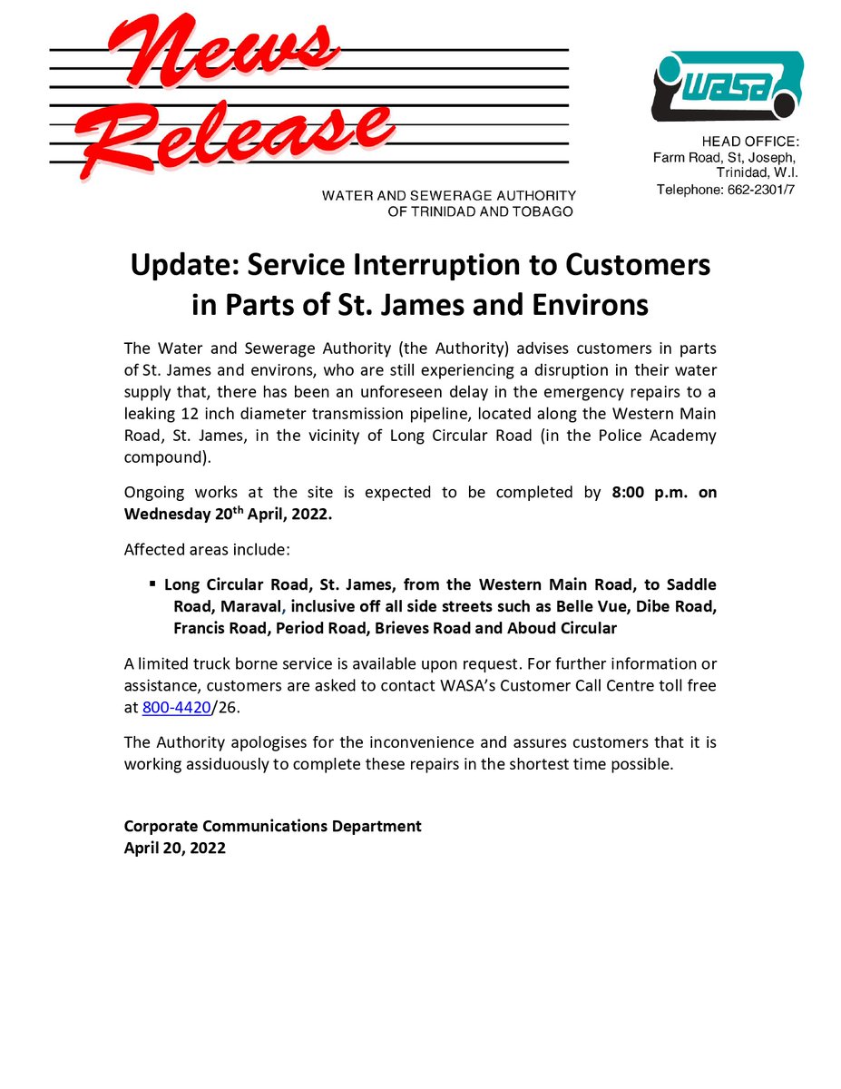wasatnt's tweet photo. UPDATE: Service Interruption To Customers In Parts Of St. James and Environs https://t.co/hx4Fun6FvK