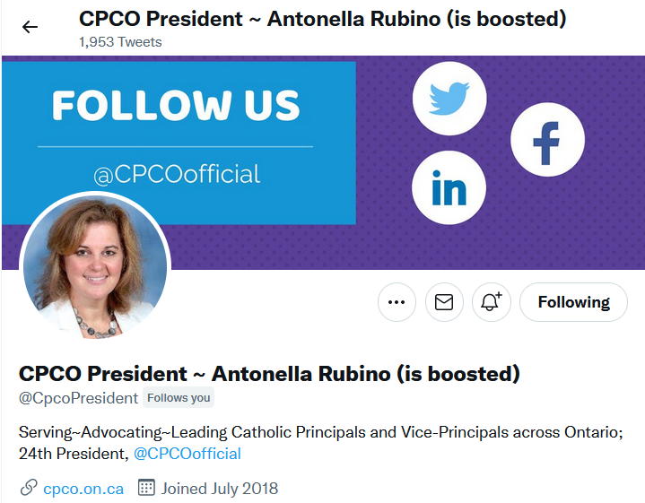 CPCOofficial's tweet photo. Did you know that CPCO President Antonella Rubino is on Twitter? Follow her directly at @CPCOPresident!
#LeadCPCO #FollowCPCO #EdLeaders #WednesdayThought #WednesdayWisdom #Education #Ontario #Catholic @CPCOofficial https://t.co/tFgBBaKoac