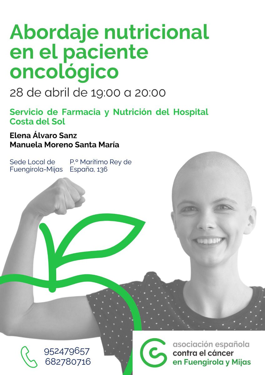 ▶️ El próximo jueves, nuestras compañeras <a href="/ElenaAs84/">ELENA ÁLVARO SANZ</a> y @masantanaria8 hablarán sobre el Abordaje Nutricional en el paciente oncológico.
<a href="/FarmaNutriHCS/">Farmacia H.CostaSol</a> <a href="/ASCostadelSol/">Área Hospitalaria Costa del Sol</a>  <a href="/ContraCancerMA/">Asociación Española Contra el Cáncer en Málaga</a>. #nutricion 

📌 Sede social de AECC Fuengirola-Mijas

📅 28 de Abril, Jueves.
⏰ 19:00-20:00h