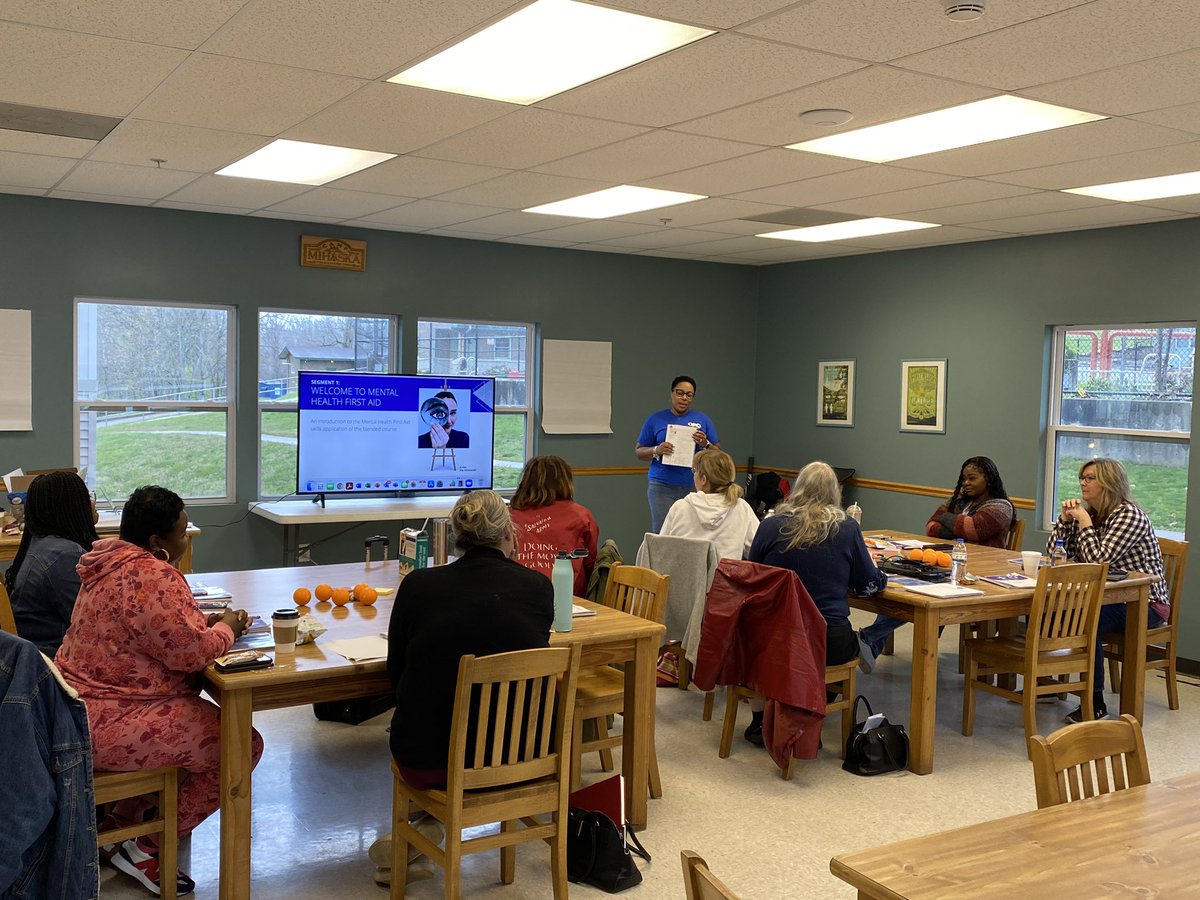 Gary_Busiek's tweet photo. It’s @SalArmySTL #DivisionalSocialServicesSeminar “pre-seminar” training day at @CampMihaska &amp; while it’s rainy outside it’s a supportive “Welcome to Mental Health First Aid” training inside provided by our own @MHFirstAidUSA trainer for our pastors &amp; social services staff. https://t.co/9U5mJiWIpC