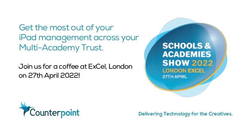 CounterpointLtd's tweet photo. We will be back at ExCeL London next week, attending The Schools &amp; Academies Show.  

Now is this time to save budget and enhance the management of your Apple Tech. 

DM or reply here to join us for a coffee  ☕️

#SAAShow #SAAShow22 #EdTech #edutwitter #edutech #edtechchat https://t.co/OrO3Nu51dc