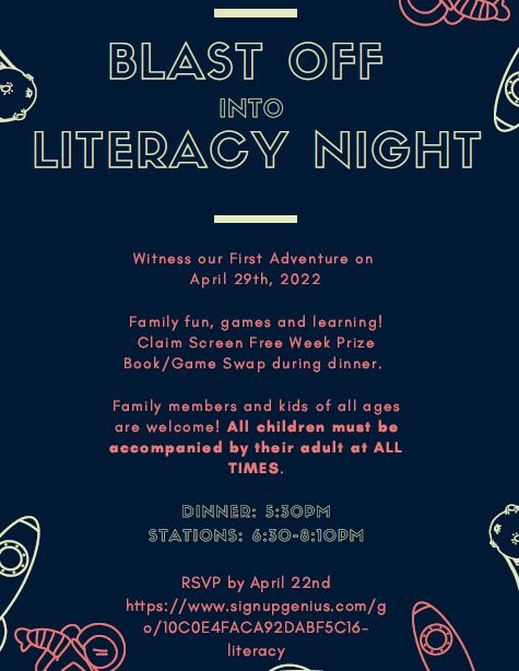 Join our first CCE Literacy Night, April 29th! Dinner will be served from 5:30-6:30, and stations will be held from 6:30-8:10. Be sure to RSVP by April 22nd signupgenius.com/go/10C0E4FACA9… 📖🚀🌠 <a href="/myccs/">myccs</a> #CCEthespace4U