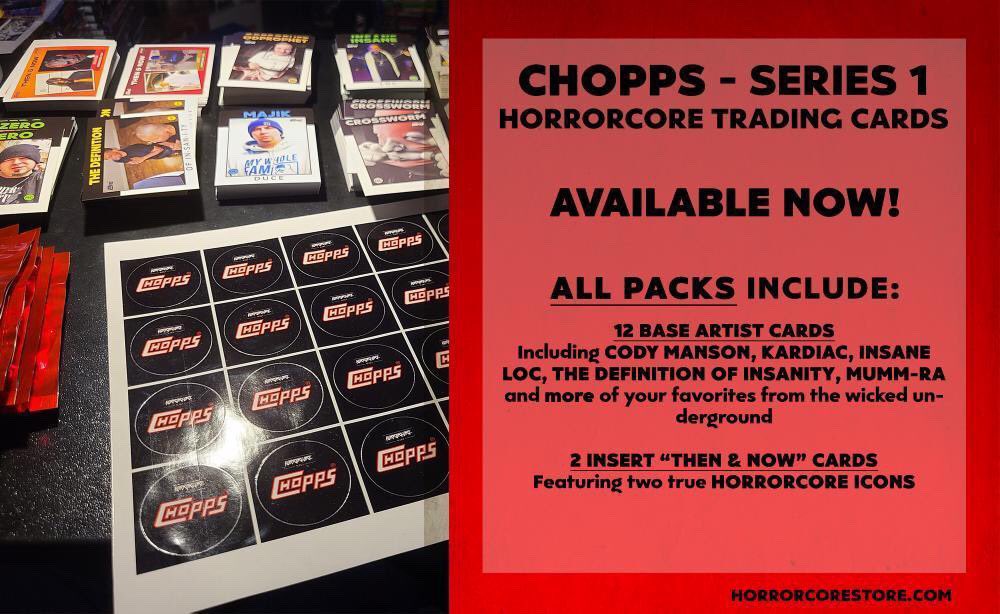 JuggaloNews's tweet photo. "@HorrorcoreWiki” presents the newest series of Horrorcore Trading Cards, CHOPPS Series 1, featuring Mars, Komatose, Cody Manson, and more. Grab a set today! https://t.co/NiufczhU7x https://t.co/q1o4POA1ZV