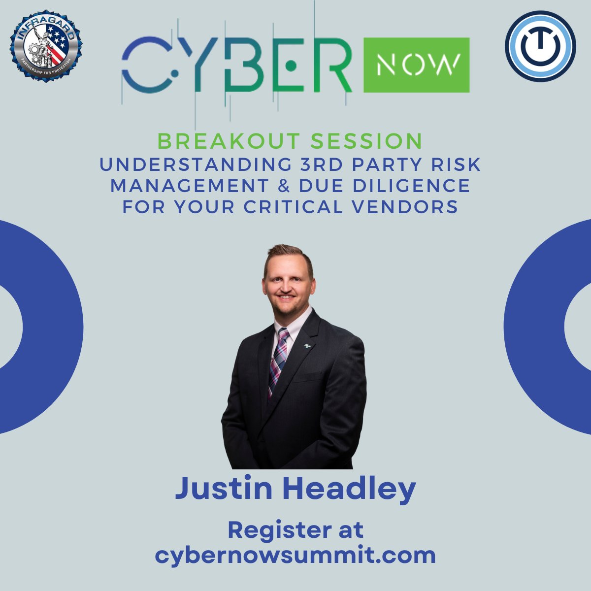 CyberNowSummit's tweet photo. Justin Headley from @warrenaverett  will review 3rd party data breaches causes/concerns, assessment processes as well as an overview of SOC reports, and ways to assess your most critical vendors.

Earn CPE Credits at https://t.co/tsf1hKkXtm

#thirdpartyrisk #CyberSecurity https://t.co/BGWRVE8nNr